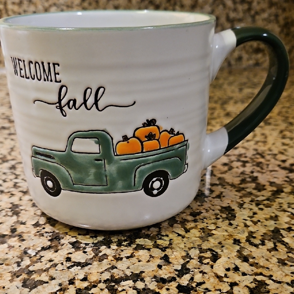 Prima Design Embossed "Welcome Fall" Ceramic Mug Green Truck with Pumpkins